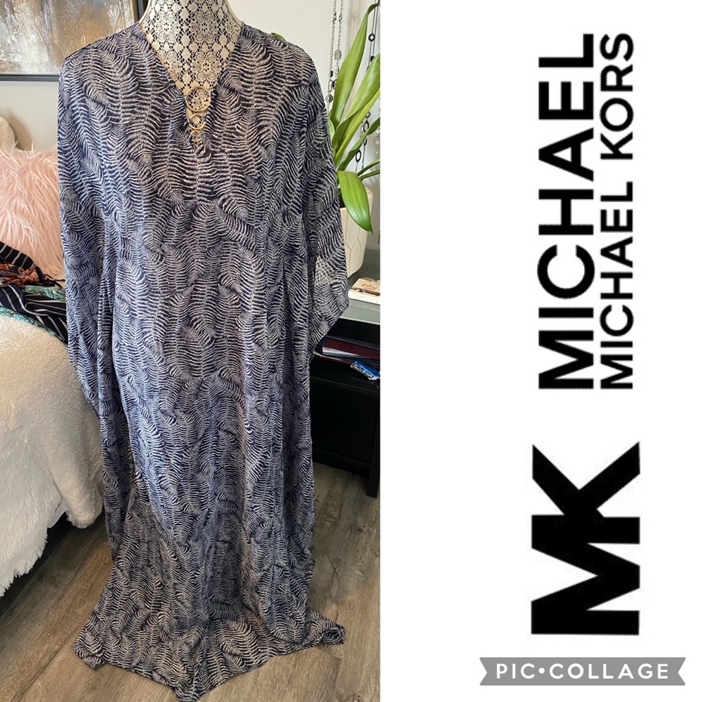 Michael Kors Navy and White Sheer Printed Swim Coverup Kaftan